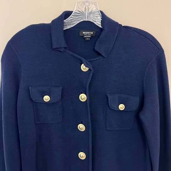 WORTH Navy Blue Wool Sweater Dress with Gold Buttons - Size Small - Picture 5 of 12